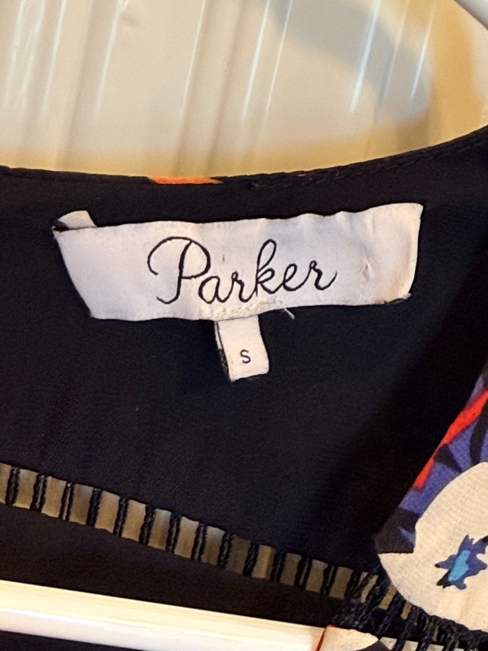 Parker Barry 100% Silk Black Floral V-Neck Romper with Blue, White & Red Accents - Picture 5 of 7